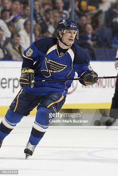Paul Kariya of the St. Louis Blues skates against the Edmonton Oilers on March 28, 2010 at Scottrade Center in St. Louis, Missouri.