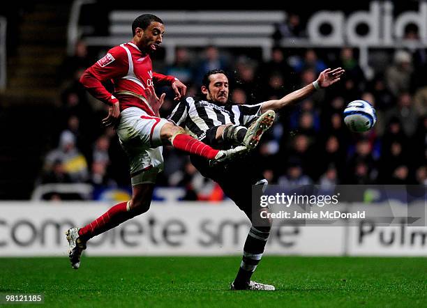 James Perch of Nottingham Forest battles with Jonas Gutierrez of Newcastle United during the Coca-Cola Championship match between Newcastle United...