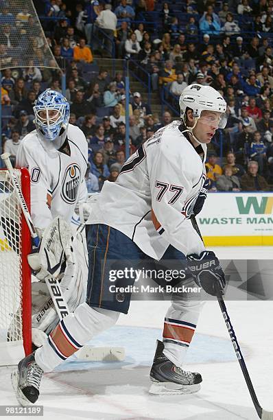 Tom Gilbert of the Edmonton Oilers skates against the St. Louis Blues on March 28, 2010 at Scottrade Center in St. Louis, Missouri.