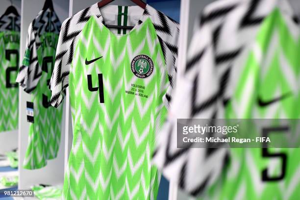 Wilfred Ndidi shirt hangs inside the Nigeria dressing room prior to the 2018 FIFA World Cup Russia group D match between Nigeria and Iceland at...