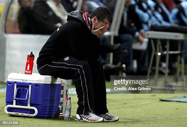 Head coach Marco Kurz of Kaiserslautern reacts during the Second Bundesliga match between 1. FC Kaiserslautern and 1860 Muenchen at the Fritz-Walter...