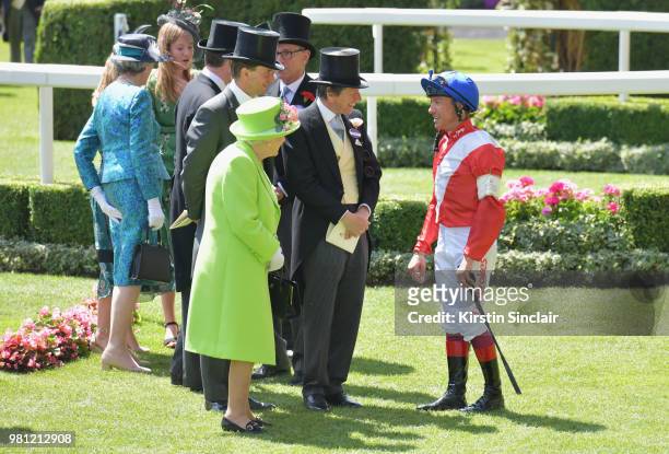 Queen Elizabeth II and John Warren speak with jockey Frankie Dettori on day 4 of Royal Ascot at Ascot Racecourse on June 22, 2018 in Ascot, England.
