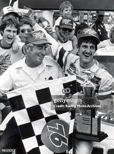 Davey Allison celebrates with father Bobby after winning the ARCA 200 on July 30th 1983.