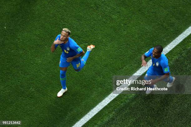 Neymar Jr of Brazil celebrates with teammate Douglas Costa after scoring his team's second goal during the 2018 FIFA World Cup Russia group E match...