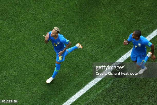 Neymar Jr of Brazil celebrates with teammate Douglas Costa after scoring his team's second goal during the 2018 FIFA World Cup Russia group E match...