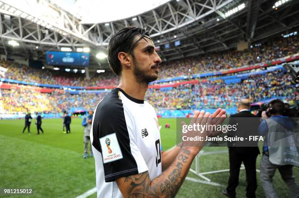 Bryan Ruiz of Costa Rica looks dejected following his sides defeat in the 2018 FIFA World Cup Russia group E match between Brazil and Costa Rica at...