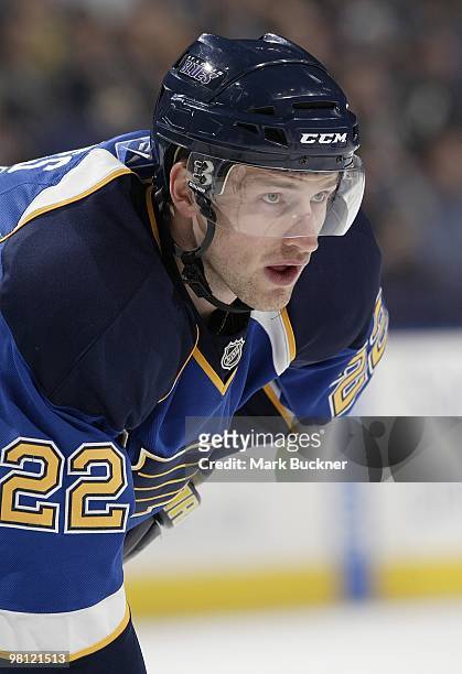 Brad Boyes of the St. Louis Blues waits for a face off during a game against the Edmonton Oilers on March 28, 2010 at Scottrade Center in St. Louis,...