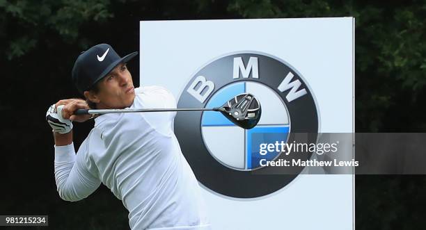 Thorbjohn Olesen of Denmark tees off on the 6th hole during day two of the BMW International Open at Golf Club Gut Larchenhof on June 22, 2018 in...