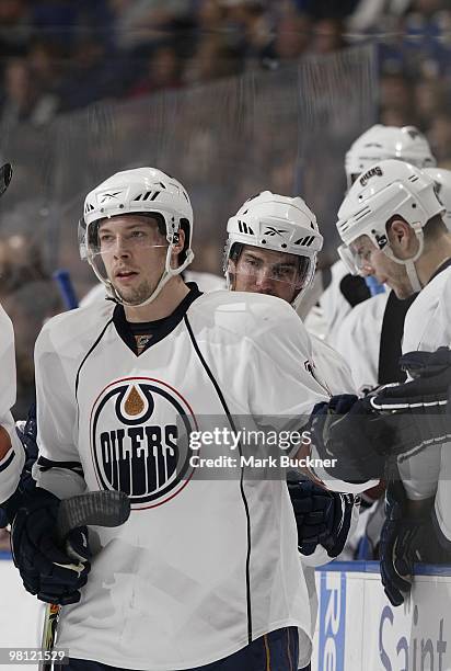 Robert Nilsson of the Edmonton Oilers high fives teammates after a goal against the St. Louis Blues on March 28, 2010 at Scottrade Center in St....