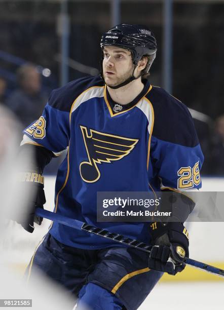 Carlo Colaiacovo of the St. Louis Blues skates against the Edmonton Oilers on March 28, 2010 at Scottrade Center in St. Louis, Missouri.