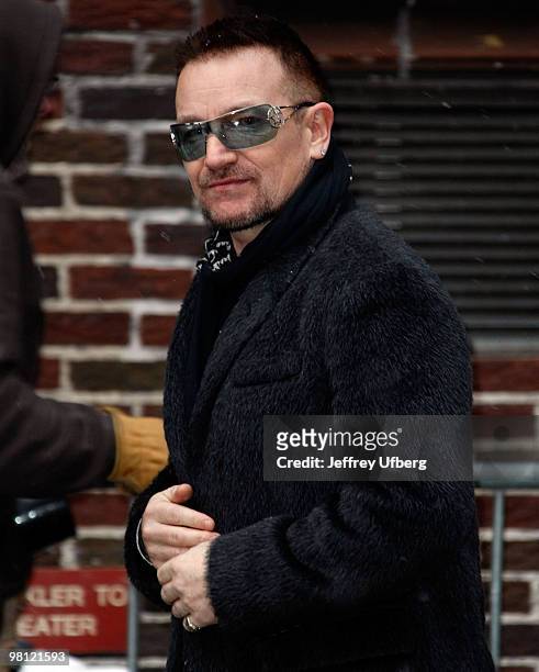 Lead singer of U2 Bono visits "Late Show with David Letterman" at the Ed Sullivan Theater on March 2, 2009 in New York City.