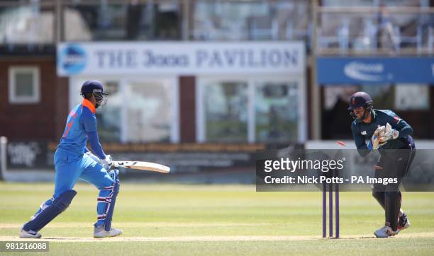 England Lions wicketkeeper Ben Foakes stumps India A batsman Shreyas Iyer during the Tri Series match at the 3aaa County Ground, Derby.