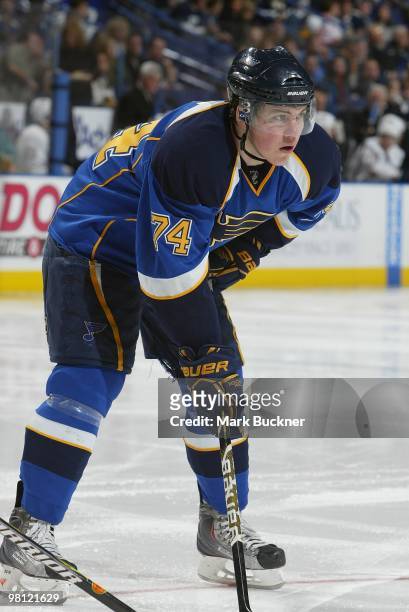Oshie of the St. Louis Blues waits for a face off during a game against the Edmonton Oilers on March 28, 2010 at Scottrade Center in St. Louis,...