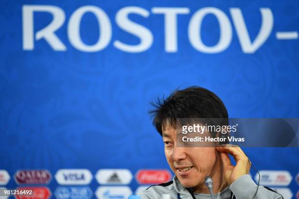 Shin Tae-Yong coach of South Korea, gestures during a training and press conference ahead of the match against Mexico as part of FIFA World Cup...