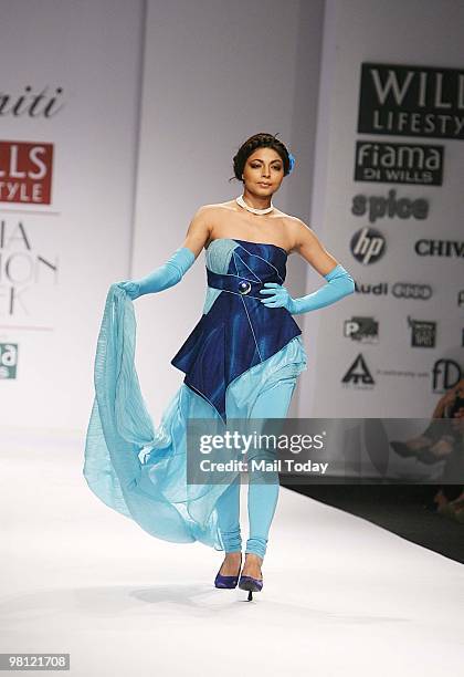 Model walks the ramp for designer Smriti at day Four of the Wills Lifestyle India Fashion Week Autumn Winter 2010 in New Delhi on March 28, 2010.