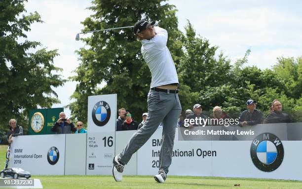 Henric Sturehed of Sweden tees off on the 16th hole during day two of the BMW International Open at Golf Club Gut Larchenhof on June 22, 2018 in...