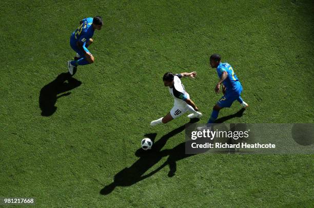 Bryan Ruiz of Costa Rica is challenged by Fagner and Douglas Costa of Brazil during the 2018 FIFA World Cup Russia group E match between Brazil and...