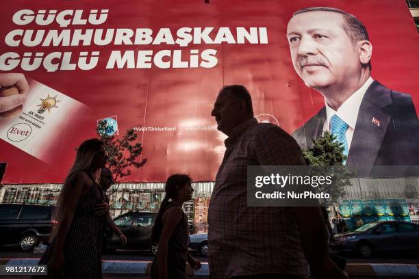 Huge banner with the Justice and Development Party candidate for presidential elections, Recep Tayyip Erdogan, in the streets of Istanbul, Turkey, on...