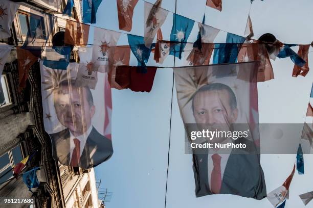 Flags with the Justice and Development Party candidate for presidential elections, Recep Tayyip Erdogan, in the streets of Istanbul, Turkey, on 19...