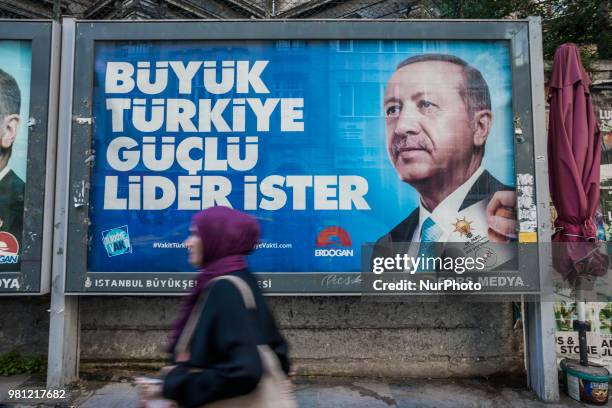 Banner with the Justice and Development Party candidate for presidential elections, Recep Tayyip Erdogan, in the streets of Istanbul, Turkey, on 19...