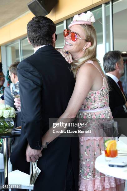 Joseph Bates and Jodie Kidd attend the Longines suite in the Royal Enclosure, during Royal Ascot on June 22, 2018 in Ascot, England.