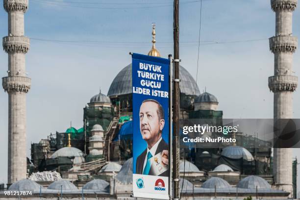 Banner with the Justice and Development Party candidate for presidential elections, Recep Tayyip Erdogan, in the streets of Istanbul, Turkey, on 19...
