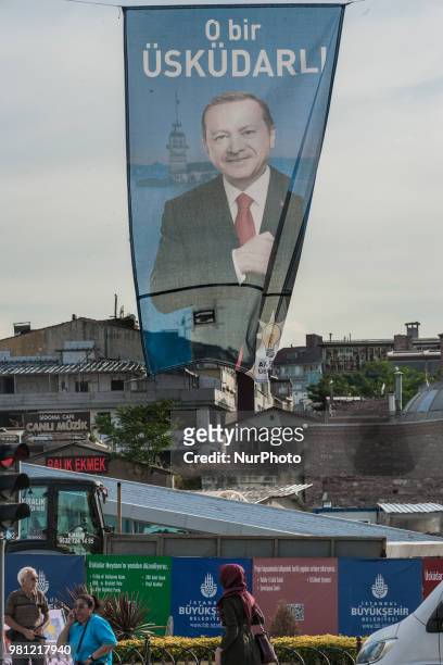 Flag with the Justice and Development Party candidate for presidential elections, Recep Tayyip Erdogan, in the streets of Istanbul, Turkey, on 19...