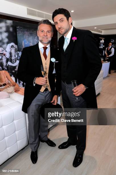Chris Evans-Pollard and Joseph Bates attend the Longines suite in the Royal Enclosure, during Royal Ascot on June 22, 2018 in Ascot, England.