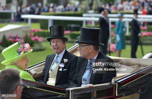 Queen Elizabeth II, John Warren and Peter Troughton arrive in the Royal Procession on day 4 of Royal Ascot at Ascot Racecourse on June 22, 2018 in...