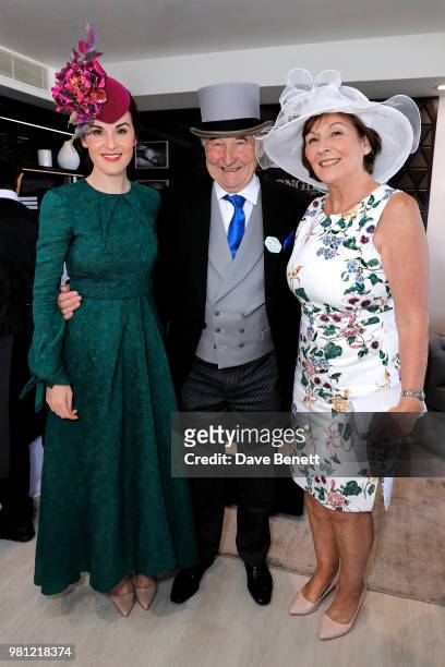 Michelle Dockery, Michael Dockery and Lorraine Dockery attend the Longines suite in the Royal Enclosure, during Royal Ascot on June 22, 2018 in...