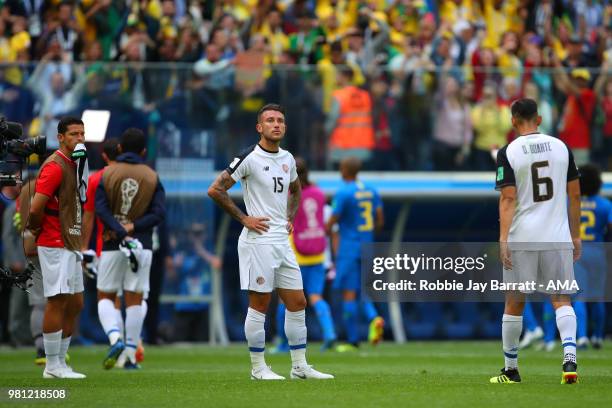 Francisco Calvo of Costa Rica looks dejected at the end of the 2018 FIFA World Cup Russia group E match between Brazil and Costa Rica at Saint...