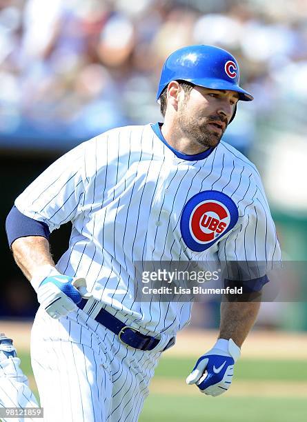 Xavier Nady of the Chicago Cubs bats during a Spring Training game against the Texas Rangers on March 16, 2010 at HoHoKam Park in Mesa, Arizona.