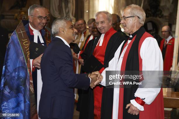 Mayor of London Sadiq Khan is greeted by Archbishop of Canterbury Justin Welby as he arrives to attend the Service of Thanksgiving to mark the 70th...