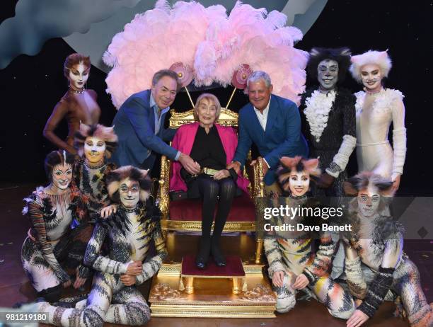 Andrew Lloyd Webber, Dame Gillian Lynne and Cameron Mackintosh with "CATS" cast members attend the renaming of the New London Theatre to the Gillian...