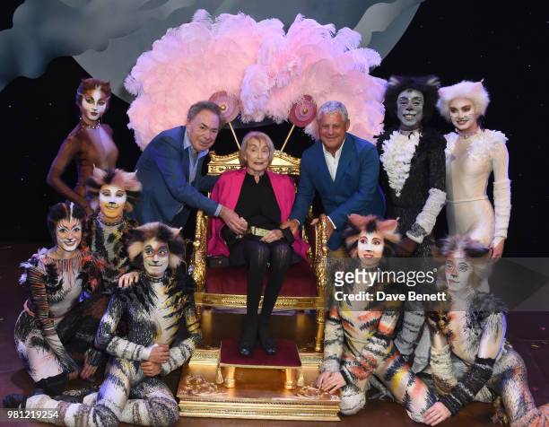 Andrew Lloyd Webber, Dame Gillian Lynne and Cameron Mackintosh with "CATS" cast members attend the renaming of the New London Theatre to the Gillian...