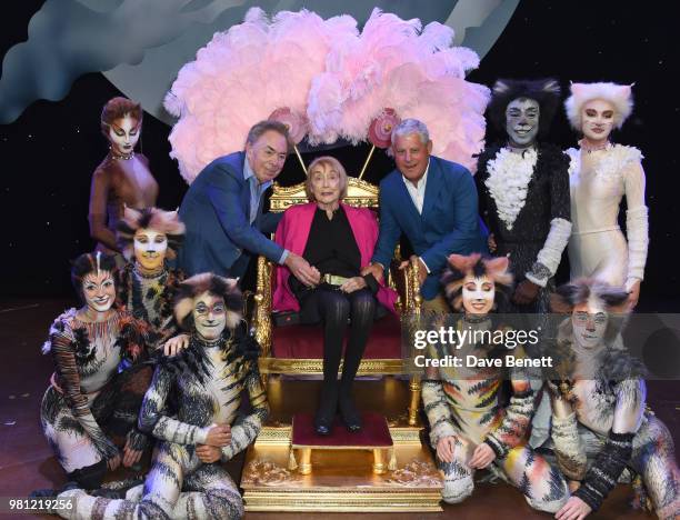 Andrew Lloyd Webber, Dame Gillian Lynne and Cameron Mackintosh with "CATS" cast members attend the renaming of the New London Theatre to the Gillian...