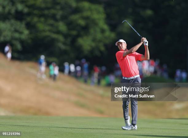 Jordan Spieth watches his second shot on the 12th hole during the second round of the Travelers Championship at TPC River Highlands on June 22, 2018...