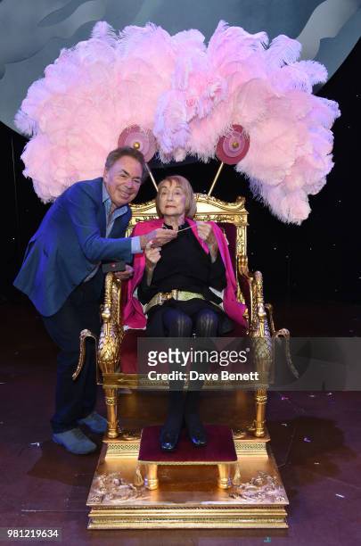 Andrew Lloyd Webber and Dame Gillian Lynne attend renaming of the New London Theatre to the Gillian Lynne Theatre on June 22, 2018 in London, England.