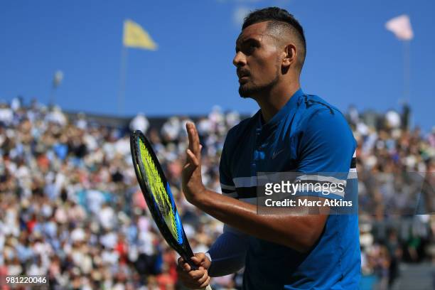 Nick Kyrgios of Australia celebrates after his victory over Feliciano Lopez of Spain during their 1/4 final match on Day 5 of the Fever-Tree...