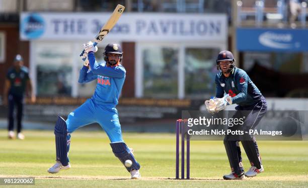 India A batsman Axar Patel scores during his innings of 25 watched by England Lions wicketkeeper Ben Foakes , during the Tri Series match at the 3aaa...