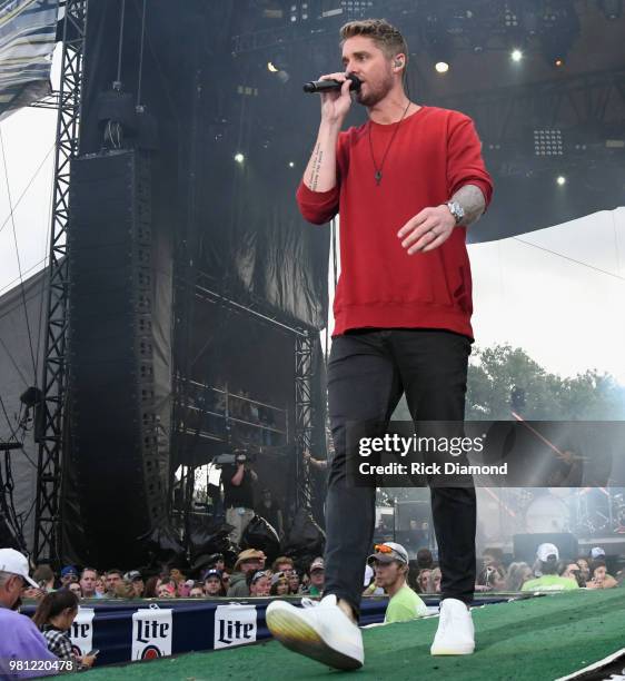 Brett Young performs during Kicker Country Stampede - Day 1 on June 21, 2018 at Tuttle Creek State Park in Manhattan, Kansas.