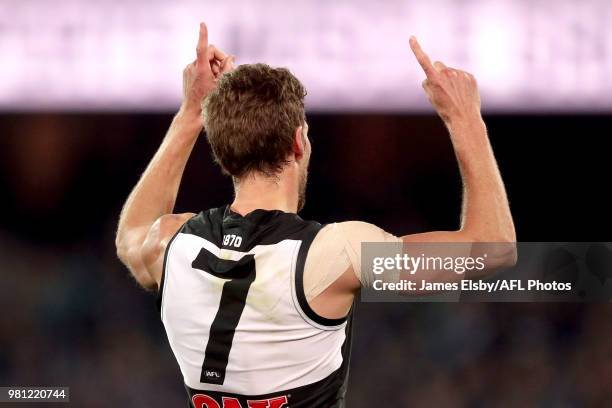 Brad Ebert of the Power celebrates a goal during the 2018 AFL round 14 match between the Port Adelaide Power and the Melbourne Demons at Adelaide...