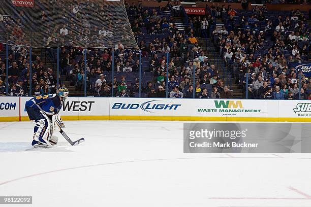Chris Mason of the St. Louis Blues looks on during a game against the Edmonton Oilers on March 28, 2010 at Scottrade Center in St. Louis, Missouri.