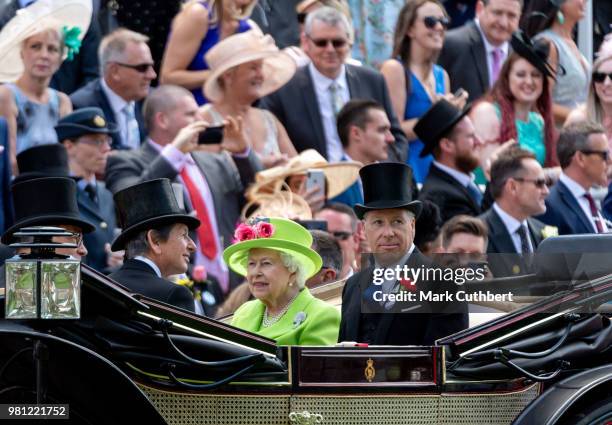 Queen Elizabeth II and David, Earl of Snowdon with John Warren attend Royal Ascot Day 4 at Ascot Racecourse on June 22, 2018 in Ascot, United Kingdom.