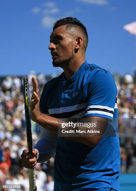 Nick Kyrgios of Australia celebrates after his victory over Feliciano Lopez of Spain during their 1/4 final match on Day 5 of the Fever-Tree...