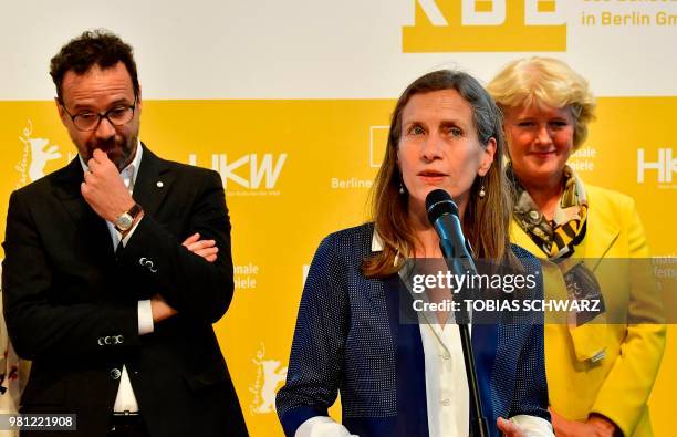 Dutch Mariette Rissenbeek speaks as Former artistic director of the Swiss film festival of Locarno Italian Carlo Chatrian and German State Secretary...