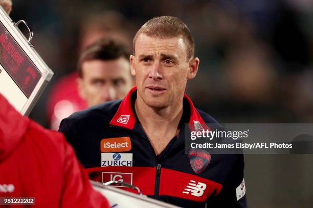 Simon Goodwin, Senior Coach of the Demons during the 2018 AFL round 14 match between the Port Adelaide Power and the Melbourne Demons at Adelaide...