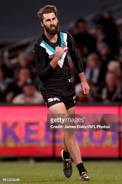 Justin Westhoff of the Power celebrates a goal during the 2018 AFL round 14 match between the Port Adelaide Power and the Melbourne Demons at...