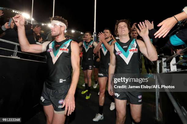 Brad Ebert and Jared Polec of the Power celebrate their win during the 2018 AFL round 14 match between the Port Adelaide Power and the Melbourne...