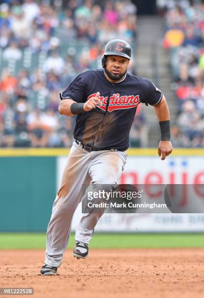Melky Cabrera of the Cleveland Indians runs the bases during the game against the Detroit Tigers at Comerica Park on June 10, 2018 in Detroit,...
